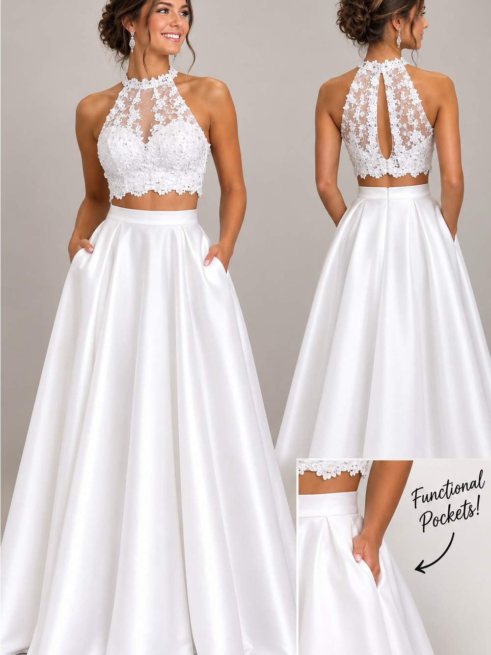 Alyce Paris White Lace Halter Two-Piece Prom Dress